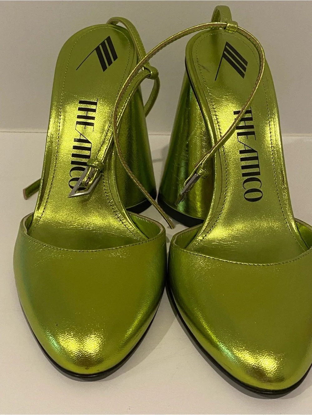 The Attico Luz Leather Metallic Lime Green Ankle-Strap Pumps, Size 7.5